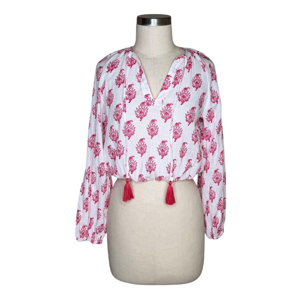 ROLLER‎ RABBIT x Target Shirt Pink White Block Print Tassel Crop Women's XXS NEW
